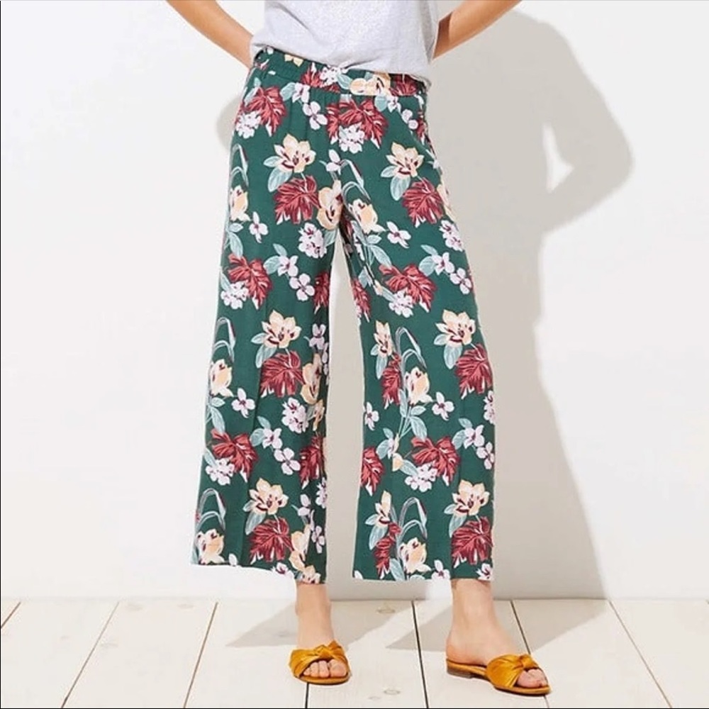 LOFT Floral Wide-Leg Pants - Green and Red